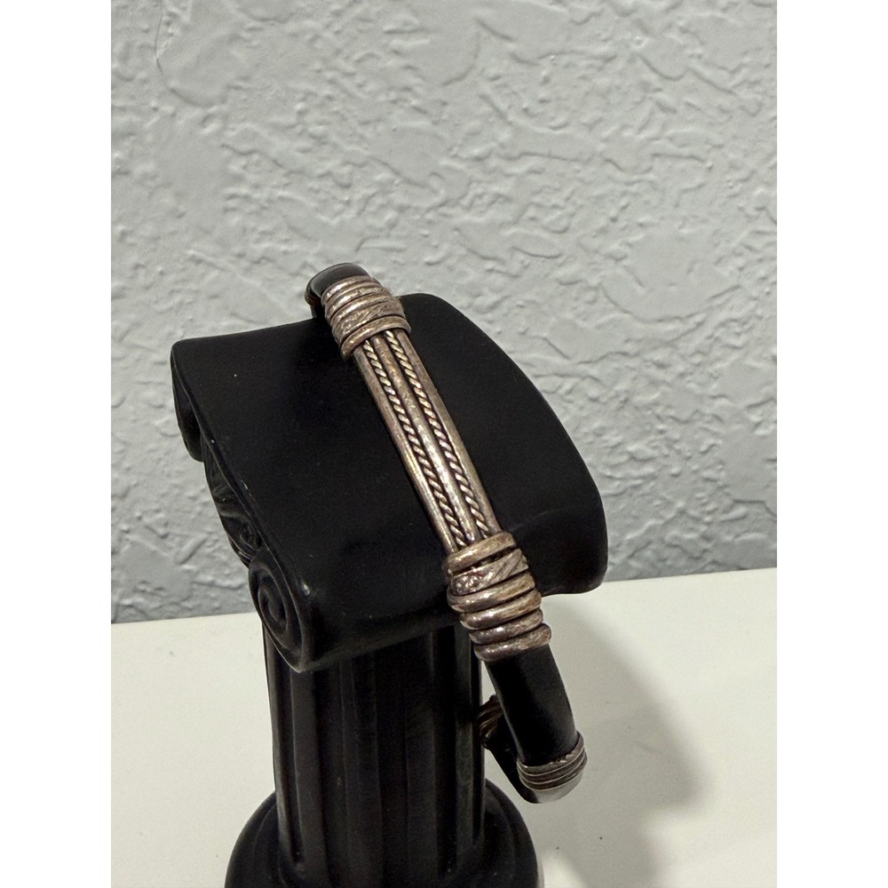 Cuff Bracelet Unisex 7in Black Leather  Silver Tone Tribal‎ Wire Wrap